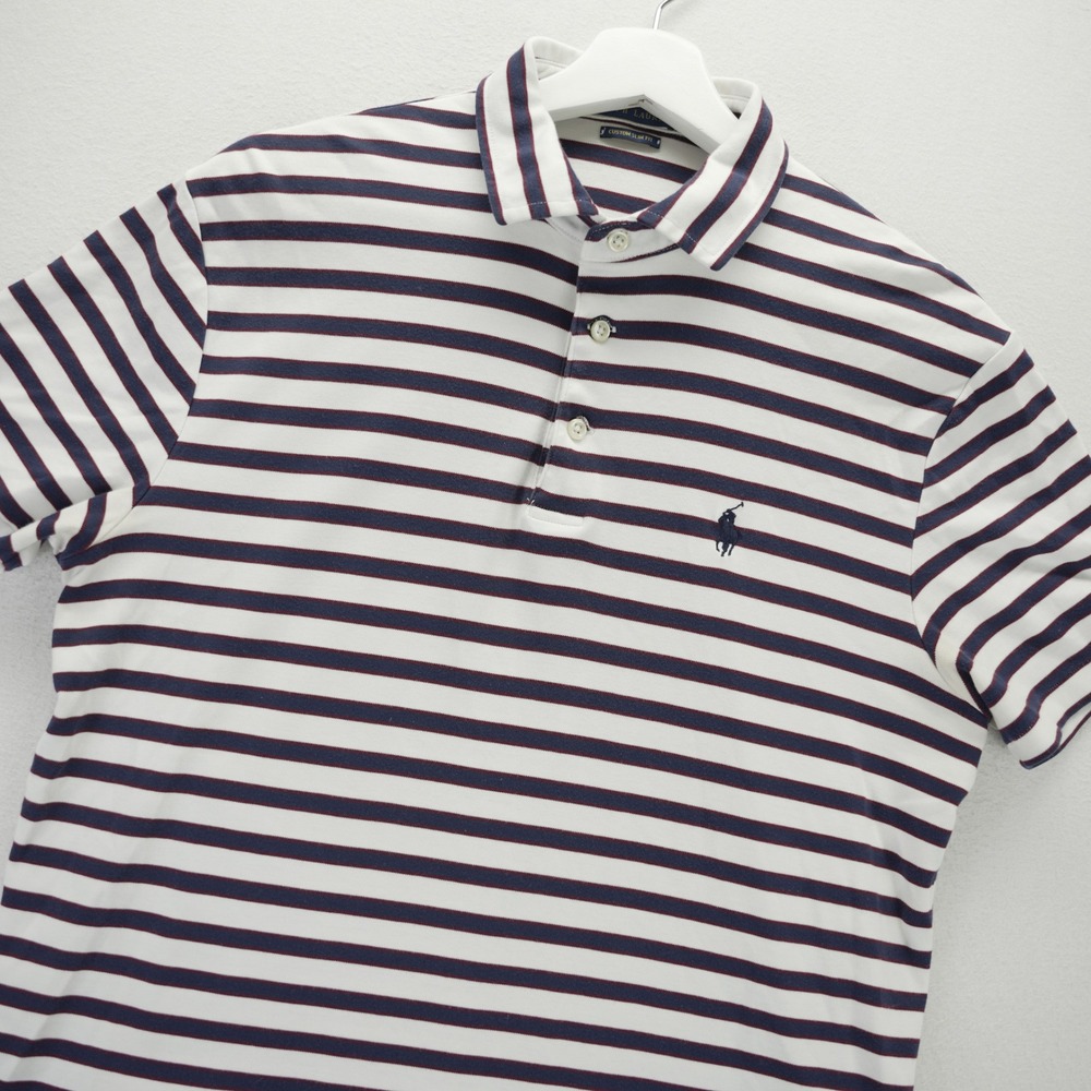 Polo Ralph Lauren Mens Custom Slim Fit Striped Polo Shirt White Navy Red Medium